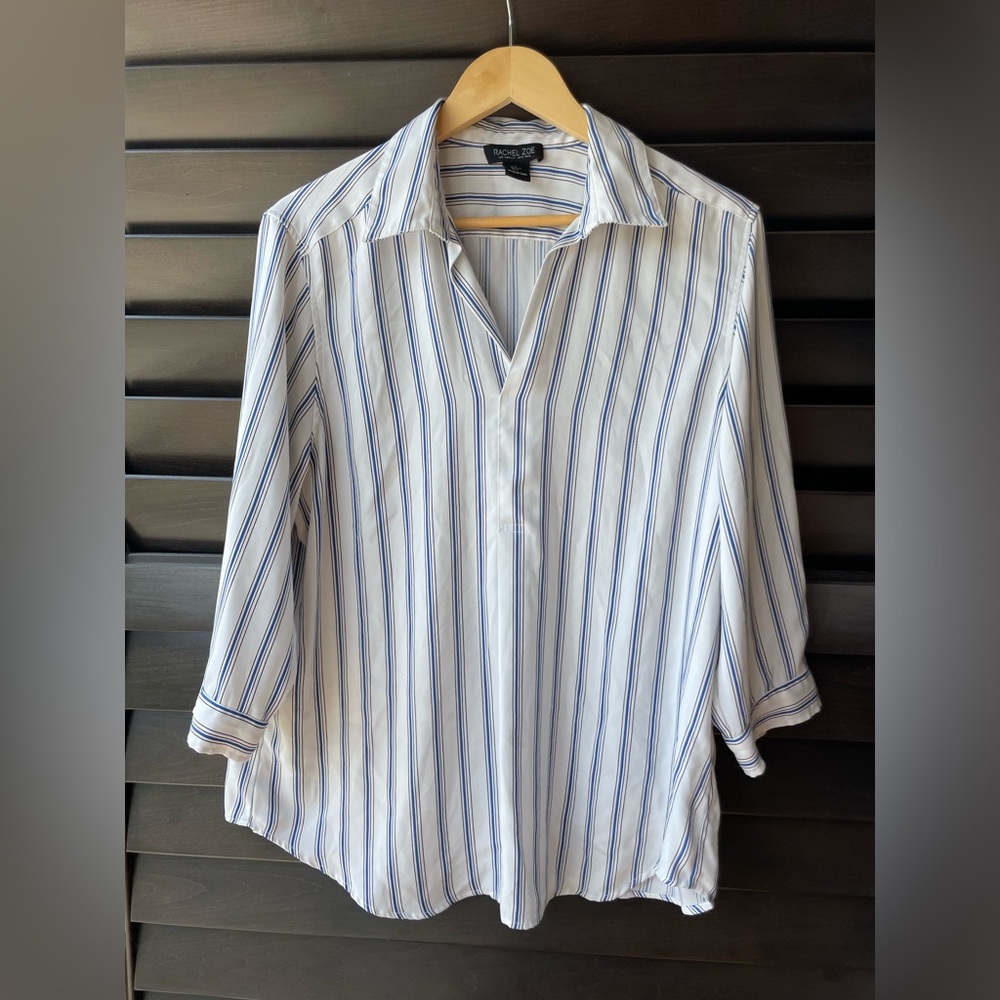 Rachel Zoe Stripe Collar Blouse White W/Blue Black Stripes 3/4 Large